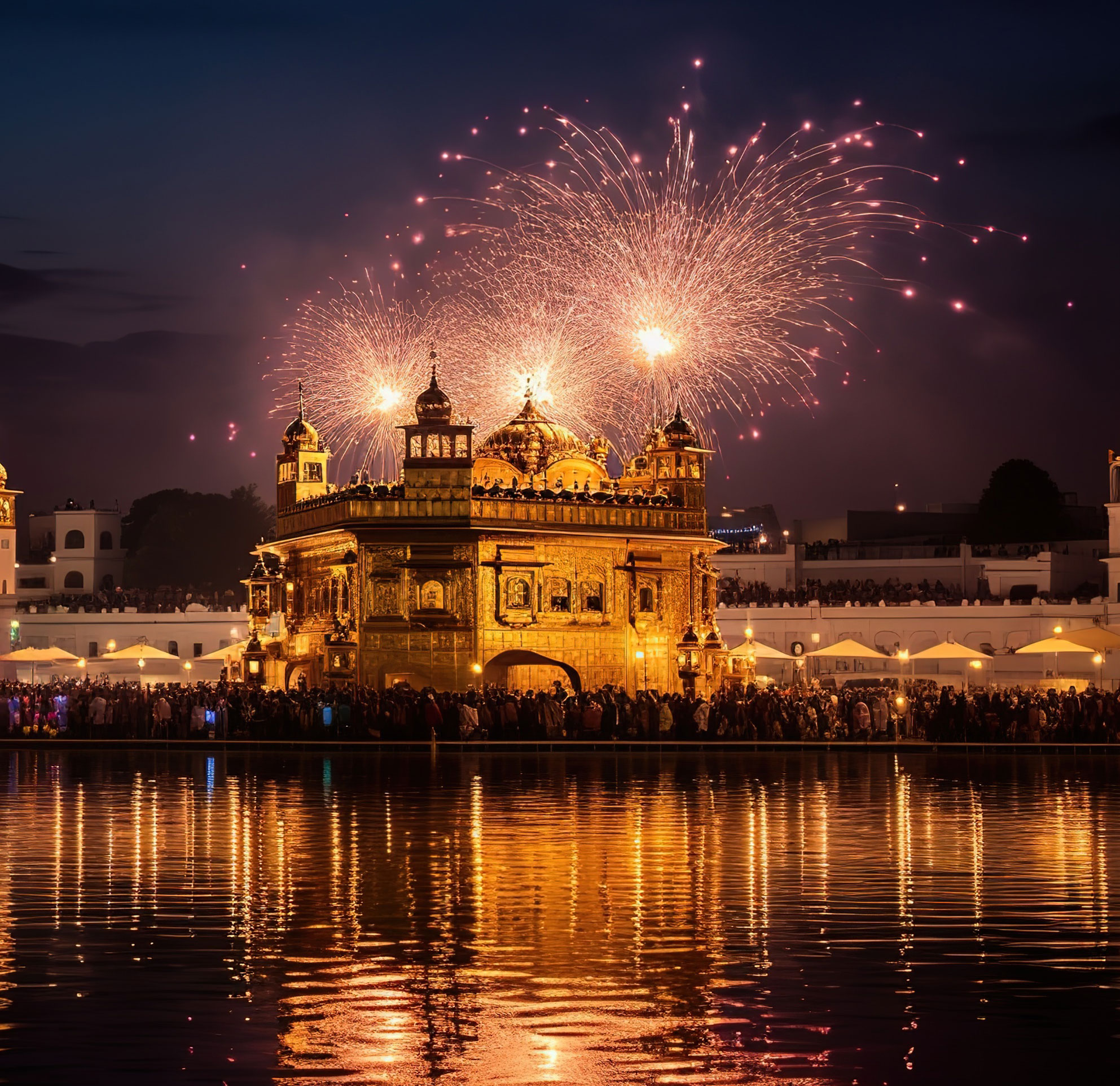 Fireworks over the Golden Temple at night